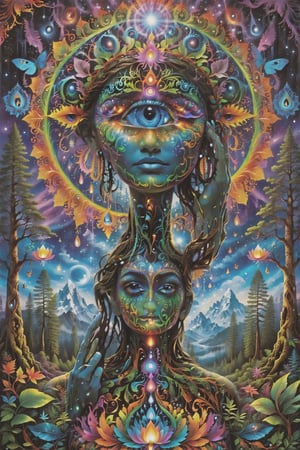 a forest of transcendence that opens up to the spirit realm surrounding breaking down physical reality into the spirit realm . human in meditation, fractals, vivid color, 
"Visionary art is art that purports to transcend the physical world and portray a wider vision of awareness including spiritual or mystical themes, or is based in such experiences." , psychedelic visionary art ,animal spirits, ,spirits,spirit guides, , . Shamanic visions , ayahuasca visions . Spirit realm, metaphysical realm, esoteric,style, ,medium shot, perfect anatomy , psychedelic landscape surrounding the person , (masterpiece, best quality, ultra-detailed), (perfect hands, perfect anatomy), High detailed, detailed background, anatomically correct, beautiful face, detailed hands, perfect eyes, expressive eyes, score_9, score_8_up, score_7_up, best quality, masterpiece, 4k,visionary art,ULTIMATE LOGO MAKER [XL],bl4ckl1ghtxl
