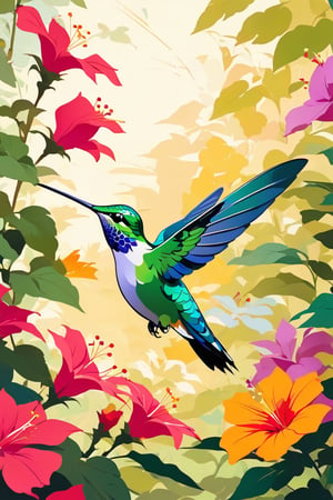 Flat art , 6 colors. Heavy line weight. Illustration, Picturesque, environment. Simplistic. Minimalistic.Vibrant color. no shading . No highlights . Flat art,(illustration),Pop Art Close-up shot of aa hummingbird feeding from a flower,from an anime-style illustration,  The scene is framed within a out of focus garden background that fades , 