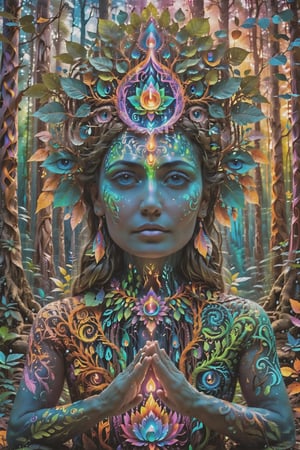 this person sits in a forest and transcends their ego mind and opens up to the spirit realm surrounding them. human in meditation, fractals, vivid color, 
"Visionary art is art that purports to transcend the physical world and portray a wider vision of awareness including spiritual or mystical themes, or is based in such experiences." , psychedelic visionary art ,animal spirits, ,spirits,spirit guides, , . Shamanic visions , ayahuasca visions . Spirit realm, metaphysical realm, esoteric,style, full body human,medium shot, perfect anatomy , psychedelic landscape surrounding the person , (masterpiece, best quality, ultra-detailed), (perfect hands, perfect anatomy), High detailed, detailed background, anatomically correct, beautiful face, detailed hands, perfect eyes, expressive eyes, score_9, score_8_up, score_7_up, best quality, masterpiece, 4k,visionary art,ULTIMATE LOGO MAKER [XL],bl4ckl1ghtxl