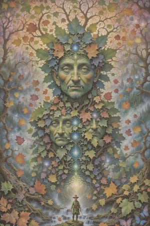  a fae guardian the green man is the bridge between the physical and the spirit realm , psychedelic visionary art . Shamanic visions . Spirit realm, metaphysical realm, esoteric,style ,medium shot, cowboy shot, perfect anatomy , psychedelic landscape surrounding THE GREEN MAN  FAE TREE SPIRIT , (masterpiece, best quality, ultra-detailed), (perfect hands, perfect anatomy), High detailed, detailed background, anatomically correct, ((geometric patterns of light over lays to signify the breaking down of physical reality into the spirit realm)) ,psychedelic visionary art,  , beautiful face, detailed eyes, detailed leaf patterns, by Brian Froud and Android Jones. perfect eyes, expressive eyes, score_9, score_8_up, score_7_up, best quality, masterpiece, ((the green man is a face made out of leaves that blends into the natural environment, not a full body man )) 4k,ULTIMATE LOGO MAKER [XL],DonMB4nsh33XL ,vivid colors,neon highlights,DonMW15pXL,bl4ckl1ghtxl,DonMSn0wM4g1cXL,DonM3lv3nM4g1cXL,Disney pixar style,halloween