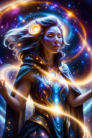 a female space shaman shrouded in cloak of light and stars,galaxy,space,portals,light being,stars,enchanted,fantasy,visionary art