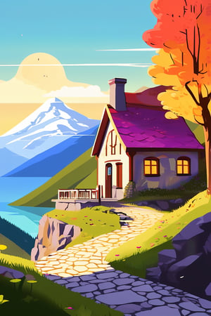 Flat art , 6 colors. Heavy line weight. Illustration scene Beautiful Elven storybook cottage in a Fantasy Elven Village in autumn , mountains and waterfalls in the distance,Cobblestone road,atmospheric sun rays,  colourful,  Renaissance architecture, Lovely, Picturesque,   environment. Simplistic.  Minimalistic.   Spider webs. Vibrant color.  no shading . No highlights . Flat art