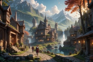  Beautiful Elven university and storybook cottages and shops  in a Fantasy Elven Village in autumn , mountains and waterfalls in the distance,Cobblestone road,atmospheric sun rays, gnomes elf villagers walking around,Trees, Hyperdetailed, colourful, digital Concept art, done on procreate,lightroom, Renaissance architecture, Lovely, Picturesque, Art by Eddie Mendoza, Studio Ghibli, Geometric Jean-baptiste Monge, Ivan Shishkin, Jordan Grimmer, An Jung-Hwan, yoann lossel, marc simonetti, HD, 8k,