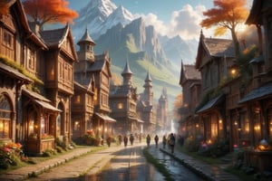  Beautiful Elven university and storybook cottages and shops  in a Fantasy Elven Village in autumn , mountains and waterfalls in the distance,Cobblestone road,atmospheric sun rays, gnomes elf villagers walking around,Trees, Hyperdetailed, colourful, digital Concept art, done on procreate,lightroom, Renaissance architecture, Lovely, Picturesque, Art by Eddie Mendoza, Studio Ghibli, Geometric Jean-baptiste Monge, Ivan Shishkin, Jordan Grimmer, An Jung-Hwan, yoann lossel, marc simonetti, HD, 8k,