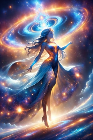 a female space shaman shrouded in cloak of light and stars,galaxy,space,portals,light being,stars,enchanted,fantasy,visionary art