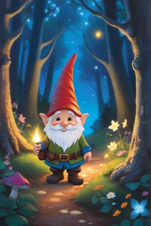 a little gnome walking  through a forest , three  quarters  view, large forest small gnome, dusk time, fire flies , sunset seen through the trees, whimsical  environment. the gnome is on the right side of the frame facing  left  walking towards the center of the  frame .