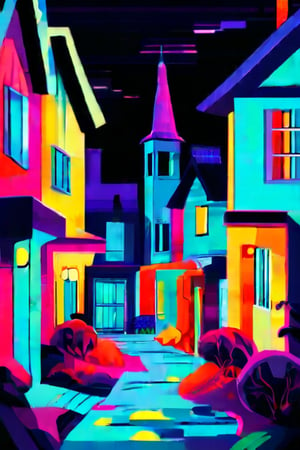 Flat art , 6 colors. Heavy line weight. Illustration scene  of a Halloween village  environment. 