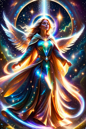 a female  angel shrouded in cloak of light and stars descends down to earth ,portals of light ,light being,stars,enchanted,fantasy,visionary art,dynamic beautiful environment , 