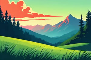 Flat art , 6 colors. Heavy line weight. Illustration scene  of a grassland with mountains in the distance environment. Simplistic.  Minimalistic.    Vibrant color.  no shading . No highlights . Flat art