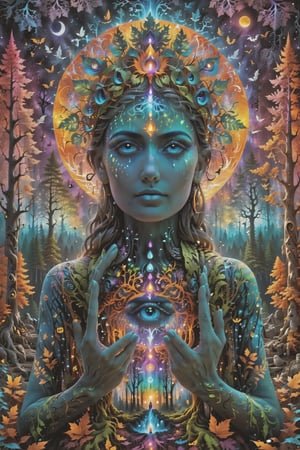 a forest of transcendence that opens up to the spirit realm surrounding breaking down physical reality into the spirit realm . human in meditation, fractals, vivid color, 
 . Spirit realm, metaphysical realm, esoteric,style , psychedelic landscape  , (masterpiece, best quality, ultra-detailed), (perfect hands, perfect anatomy), High detailed, detailed background, anatomically correct, beautiful face, detailed hands, perfect eyes, expressive eyes, score_9, score_8_up, score_7_up, best quality, masterpiece, 4k,visionary art,ULTIMATE LOGO MAKER [XL],bl4ckl1ghtxl,dd4ught3r,Halloween