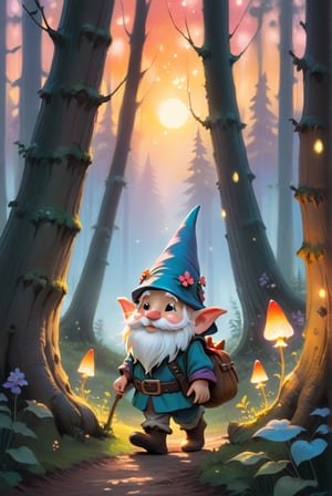 a little gnome walking  through a forest , three  quarters  view, large forest small gnome, dusk time, fire flies , sunset seen through the trees, whimsical  environment. 