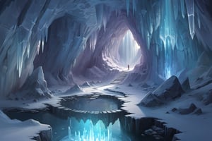 a crystal cave open up to a snow landscape with a giant portal of transcendent light  beaming up into the sky, 