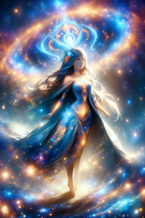 a female space shaman shrouded in cloak of light and stars,galaxy,space,portals,light being,stars,enchanted,fantasy,visionary art