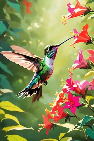 Flat art , 6 colors. Heavy line weight. Illustration, Picturesque, environment. Simplistic. Minimalistic.Vibrant color. no shading . No highlights . Flat art,(illustration),Pop Art Close-up shot of aa hummingbird feeding from a flower,from an anime-style illustration, rendered in realistic sketch style. The scene is framed within a out of focus garden background that fades , adding depth and mystery.