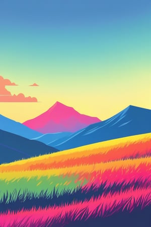 Flat art , 6 colors. Heavy line weight. Illustration scene  of a grassland with mountains in the distance environment. Simplistic.  Minimalistic.  Vibrant color.  no shading . No highlights . Flat art