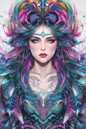 visionary art ,pen art,Dark Dramatic Ancient Elegant dark Goddess of the night , woman seen from the waist up, by Anna Dittmann and android jones,perfectly symmetrical image,Vibrant, In Watercolour,pen art, visionary art, symmetrical, beautiful detailed eyes (masterpiece, best quality, ultra-detailed), (perfect anatomy), High detailed, detailed background, anatomically correct, beautiful face, detailed hands, perfect eyes, expressive eyes, score_9, score_8_up, score_7_up, best quality, masterpiece, 16k,vivid colors,neon highlights,uv, 