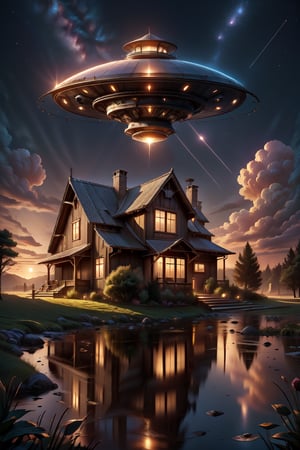 a UFO over a farmhouse in the country side at dusk