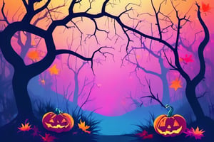 Flat art , 6 colors. Heavy line weight. Illustration scene  of a Halloween themed  environment. Simplistic.  Minimalistic.  Cute image. Sfw, pumpkins. Spider webs. Halloween  color palette. Vibrant color. (Spider webs between some of the trees )