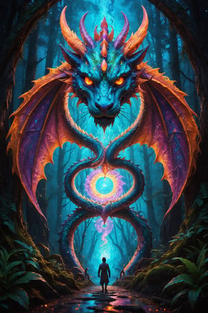 a massive dragon made of light and comsic energy guards the gates to another realm a wanderer stand before the dragon seeking passage , the spirit realm overlays the pysical realtiy  surrounding the wanderer , . , fractals, vivid color, 
"Visionary art style , psychedelic visionary art ,animal spirits, ,spirits,spirit guides,. Shamanic visions , . Spirit realm, metaphysical realm, esoteric,style, full body human,medium shot, perfect anatomy , psychedelic landscape surrounding the person , (masterpiece, best quality, ultra-detailed), (perfect hands, perfect anatomy), High detailed, detailed background, anatomically correct, beautiful face, detailed hands, perfect eyes, expressive eyes, score_9, score_8_up, score_7_up, best quality, masterpiece, 4k,visionary art,ULTIMATE LOGO MAKER [XL],bl4ckl1ghtxl,visionary art style
