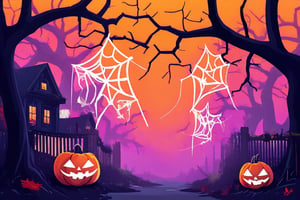 Flat art , 6 colors. Heavy line weight. Illustration scene  of a Halloween themed  environment. Simplistic.  Minimalistic.  Cute image. Sfw, pumpkins. Spider webs. Halloween  color palette. Vibrant color. ( big white Spider web between some of the trees ) no shading . No highlights . Flat art