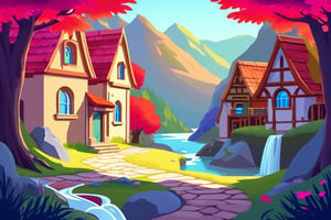 Flat art , 6 colors. Heavy line weight. Illustration scene Beautiful Elven storybook cottage in a Fantasy Elven Village in autumn , mountains and waterfalls in the distance,Cobblestone road,atmospheric sun rays,  colourful,  Renaissance architecture, Lovely, Picturesque,   environment. Simplistic.  Minimalistic.    Vibrant color.  no shading . No highlights . Flat art