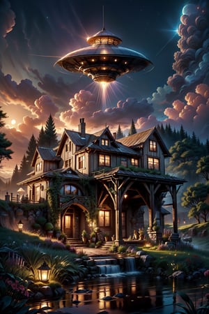 a UFO over a farmhouse in the country side at dusk