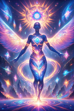  visionary art ,pen art, (symmetrical), spirit guide among a matrix of energy and light,bl4ckl1ghtxl,,transparent caustics light ,epic composition,universal energy, uv pastel colours, sacred geometry, divine being in the comsic astral matrix of another reality,