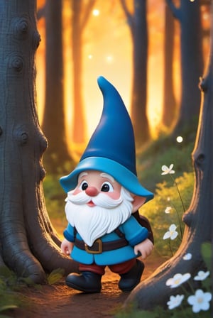 a little gnome walking  through a forest , three  quarters  view, large forest small gnome, dusk time, fire flies , sunset seen through the trees, whimsical  environment. the gnome is on the right side of the frame facing  left  walking towards the center of the  frame .