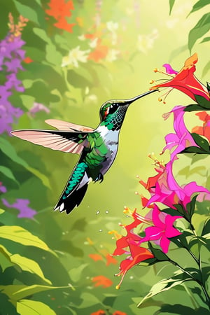 Flat art , 6 colors. Heavy line weight. Illustration, Picturesque, environment. Simplistic. Minimalistic.Vibrant color. no shading . No highlights . Flat art,(illustration),Pop Art Close-up shot of aa hummingbird feeding from a flower,from an anime-style illustration, rendered in realistic sketch style. The scene is framed within a out of focus garden background that fades , adding depth and mystery.