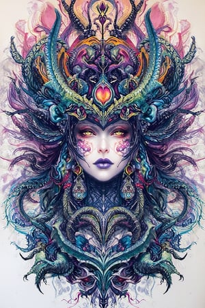 visionary art ,pen art,Dark Dramatic Ancient Elegant dark Goddess of the night and halloween, woman seen from the waist up, by Anna Dittmann and android jones,perfectly symmetrical image,Vibrant, In Watercolour,pen art, visionary art, symmetrical, beautiful detailed eyes (masterpiece, best quality, ultra-detailed), (perfect anatomy), High detailed, detailed background, anatomically correct, beautiful face, detailed hands, perfect eyes, expressive eyes, score_9, score_8_up, score_7_up, best quality, masterpiece, 4k,ULTIMATE LOGO MAKER [XL],DonMB4nsh33XL ,vivid colors,neon highlights