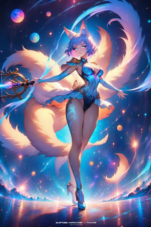 stunning artwork by artgerm, WLOP, of a beautiful female kitsune ( kitsune is a fox girl has fox ears, multiple fabulous fluffy swooshy fox tails billowing out from behind her ) , she is in galactic environment with planets stars and nebulous, she has tattoos short pixie cut hairstyle,holding long elegant staff, with glowing iridescent Feather Epaulettes made of smoke and light , tattooed female, detailed face, in focus,8k, wide angle shot, beautiful full body female , attractive beautiful female,intricate detailed garment design,curvaceous full figure feminine body, lace underclothes with intricate detail,perfected facial detail,detailed eyes, ultradetailed, natural lighting, epic compostion , dynamic pose, cinema 4d render by brian froud ,2020s art , with feeling of desire and Majesty uv color highlights , blacklight colors, neon color highlights, asiancore, trending on Artstation , done on procreate