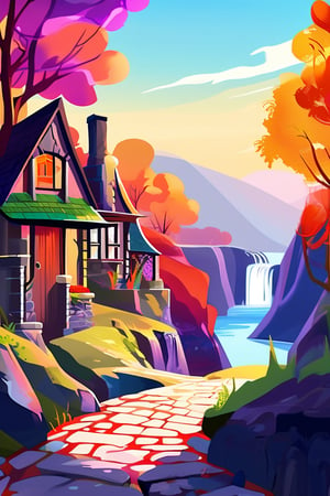 Flat art , 6 colors. Heavy line weight. Illustration scene Beautiful Elven storybook cottage in a Fantasy Elven Village in autumn , mountains and waterfalls in the distance,Cobblestone road,atmospheric sun rays,  colourful,  Renaissance architecture, Lovely, Picturesque,   environment. Simplistic.  Minimalistic.   Spider webs. Vibrant color.  no shading . No highlights . Flat art