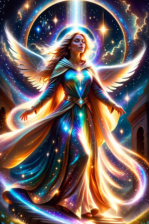 a female  angel shrouded in cloak of light and stars descends down to earth ,portals of light ,light being,stars,enchanted,fantasy,visionary art,dynamic beautiful environment , 