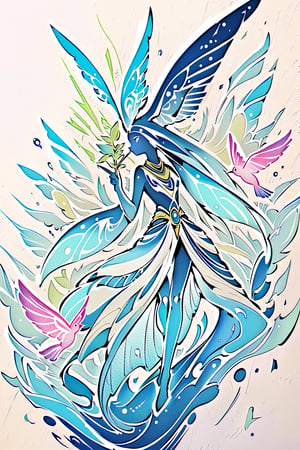 visionary art ,pen art,humming bird feeding from a flower, by Anna Dittmann and android jones, Vibrant, In Watercolour,pen art, visionary art, symmetrical ,visionary art,Flat art , 6 colors. Heavy line weight. Illustration scene Dark Dramatic Ancient Elegant Egyptian Rain Goddes Simplistic. Minimalistic. Vibrant color. no shading . No highlights . Flat art