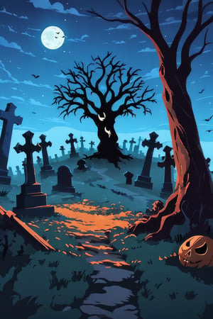 Pop Art medium shot of a halloween themed image, spooky tree with a creepy face in a graveyard a skeleon breaking out of fhe ground seen in the foreground,  from an anime-style illustration,tree  with a spooky face , a skeleon hand coming out of the ground in the foreground, rendered in realistic sketch style. The scene is within out of focus graveyard and night sky background that fades out of focus , adding depth and mystery.5 colors, simple image, 