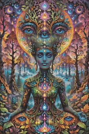a forest of transcendence that opens up to the spirit realm surrounding breaking down physical reality into the spirit realm . human in meditation, fractals, vivid color, 
"Visionary art is art that purports to transcend the physical world and portray a wider vision of awareness including spiritual or mystical themes, or is based in such experiences." , psychedelic visionary art ,animal spirits, ,spirits,spirit guides, , . Shamanic visions , ayahuasca visions . Spirit realm, metaphysical realm, esoteric,style, full body human,medium shot, perfect anatomy , psychedelic landscape surrounding the person , (masterpiece, best quality, ultra-detailed), (perfect hands, perfect anatomy), High detailed, detailed background, anatomically correct, beautiful face, detailed hands, perfect eyes, expressive eyes, score_9, score_8_up, score_7_up, best quality, masterpiece, 4k,visionary art,ULTIMATE LOGO MAKER [XL],bl4ckl1ghtxl,dd4ught3r,halloween