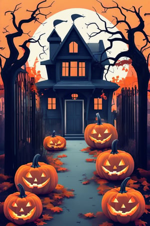 Flat art , 6 colors. Heavy line weight. Illustration scene  of a Halloween village  environment. Simplistic.  Minimalistic.  Cute image. Sfw, pumpkins. Spider webs. Halloween  color palette. 