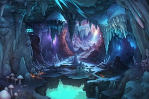 a crystal cave open up to a snow landscape with a giant portal of transcendent light  beaming up into the sky, the cave is full of glowing magic mushrooms, stalagmites and stalactites 