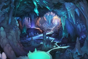 a crystal cave open up to a snow landscape with a giant portal of transcendent light  beaming up into the sky, the cave is full of glowing magic mushrooms, stalagmites and stalactites 