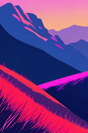 Flat art , 6 colors. Heavy line weight. Illustration scene  of a grassland with mountains in the distance environment. Simplistic.  Minimalistic.   Spider webs. Vibrant color.  no shading . No highlights . Flat art