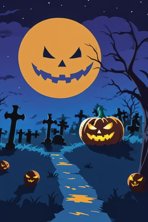 Pop Art medium shot of a halloween themed image,  ,pumpkin,  from an anime-style illustration, rendered in realistic sketch style. The scene is within out of focus graveyard and night sky background that fades out of focus , adding depth and mystery.5 colors, simple image, 