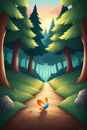 a little gnome walking  through a forest of the beaten path in a dense lush magical forest, three  quarters  view, large forest compared to the small gnome, dusk time, fire flies , sunset seen through the trees, whimsical  environment. the gnome is on the right side of the frame facing  left   towards  the center of the image and is walking towards the center of the  frame .