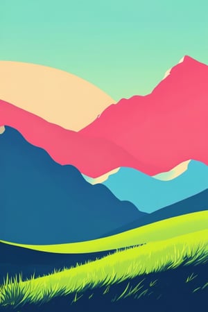 Flat art , 6 colors. Heavy line weight. Illustration scene  of a grassland with mountains in the distance environment. Simplistic.  Minimalistic.  Vibrant color.  no shading . No highlights . Flat art