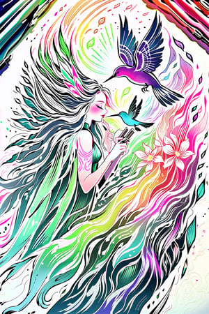 visionary art ,pen art,humming bird feeding from a flower, by Anna Dittmann and android jones, Vibrant, In Watercolour,pen art, visionary art, ,visionary art,Flat art , 6 colors. Heavy line weight. Illustration scene Simplistic. Minimalistic. Vibrant color. no shading . No highlights . Flat art