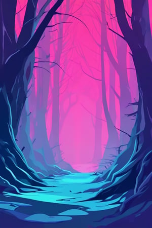 Flat art , 6 colors. Heavy line weight. Illustration scene  of a old growth forest  environment. Simplistic.  Minimalistic.   Spider webs. Vibrant color.  no shading . No highlights . Flat art