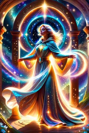 a female  angel shrouded in cloak of light and stars descends down to earth ,portals of light ,light being,stars,enchanted,fantasy,visionary art,dynamic beautiful environment , 