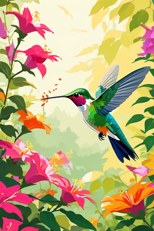 Flat art , 6 colors. Heavy line weight. Illustration, Picturesque, environment. Simplistic. Minimalistic.Vibrant color. no shading . No highlights . Flat art,(illustration),Pop Art Close-up shot of aa hummingbird feeding from a flower,from an anime-style illustration, rendered in realistic sketch style. The scene is framed within a out of focus garden background that fades , adding depth and mystery.