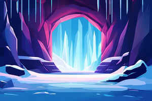 Flat art , 6 colors. Heavy line weight. Illustration scene  of a a crystal cave open up to a snow landscape with a giant portal of transcendent light beaming up into the sky, . Simplistic.  Minimalistic.    Vibrant color.  no shading . No highlights . Flat art