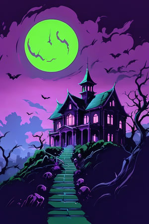 Pop Art medium shot of a halloween themed image, ,vampire manor on a hillside, green moon, clouds , from an anime-style illustration, rendered in realistic sketch style. The scene is within out of focus graveyard and night sky background that fades out of focus , adding depth and mystery.5 colors, simple image, colors, neon green, neon purple, dark blue, neon orange,dark purple,proper lighting effects