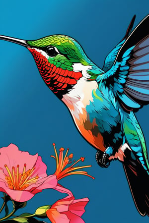 Pop Art Close-up shot of aa hummingbird feeding from a flower,from an anime-style illustration, rendered in realistic sketch style. The scene is framed within a blue gradient background that fades to black at the edges, adding depth and mystery.